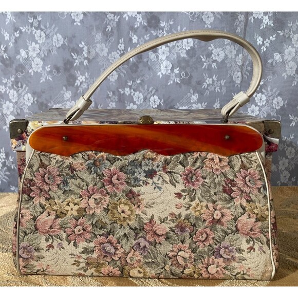 Vintage 60s Purse 1960s Floral Tapestry Lucite Spring Pinup Rockabilly Retro Bag - Picture 1 of 7